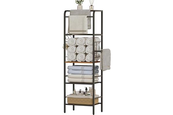 HOOBRO HOME4-nivåers fristående handduksstång med förvaringshylla för | HOMEU-formade avtagbara avdelare, 137 cm filtställ med 3 hängande stänger och 2 krokar handduksställ, rustik