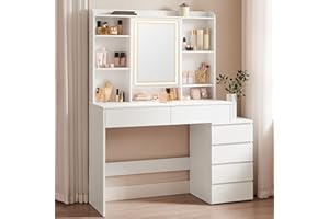 VASAGLE KAILYN Collezione - Toeletta con Luci LED a Luminosità Regolabile, Tavolo da Trucco con Specchio, Scomparti Aperti, Ripiani Regolabili, Postazione Trucco, Moderno, Bianco Nuvola RDT624W01