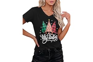 Crewhpo Christmas T Shirt Women Merry Christmas T-Shirts Short Sleeve V-Neck Basic Top Graphic Printed Tee Shirts Xmas Holiday Tops