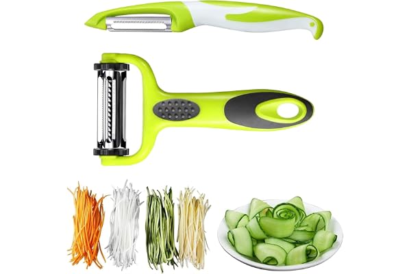 Éplucheur Multifonctions 2 Pièces - Économe de Légumes, Éplucheur Droit et Spaghetti - Acier Inoxydable, Vert, Noir, Blanc