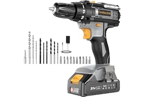 LEEIKOO Cordless Drill, 21V Electric Drill 42N.m with 2.0Ah Battery, Combi Set 10mm Chuck, 2 Speeds, 18+1 Torque, LED Light, 20pcs Drill Set for Garden DIY Project, Grey