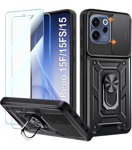 MEMELOKA Cover Per Oppo A5 Pro 5G/4G Con Supporto Metallico Girevole E Protezione Fotocamera Scorrevole, Inclusa Pellicola In Vetro Temperato (2 Pezzi), Nero