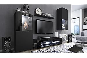 Vladon Wohnwand Movie, Anbauwand bestehend aus 1 TV-Board, 2 Vitrinen und 1 Regal, Schwarz matt/Schwarz matt/Schwarz Hochglanz, inkl. LED-Beleuchtung weiß (Gesamt: 300 x 190 x 39 cm)