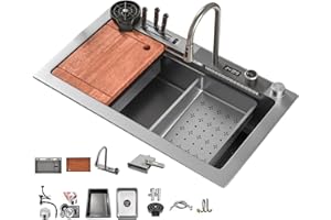 KOOGIMDDR Grigio 1 lavello da cucina con cascata, 75 x 45 cm, rubinetto a cascata a LED, tagliere scorrevole e lavastoviglie ad alta pressione, compatto e multifunzionale