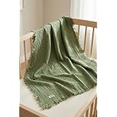 HAMUR 4 Katlı M&uuml;slin Bebek Pikesi%100 Pamuk 85x100 cm Yenidoğan Bebek Arabası Puset &Ouml;rt&uuml;s&uuml; Battaniye Yeşil
