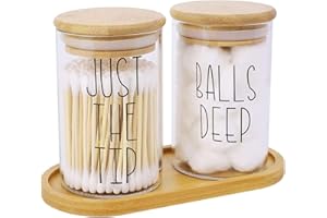 soulnioi 2Pcs Qtip Holder Dispenser with Bamboo Tray Round Glass Cotton Pads Holder with Lid and Sealing Silicone Ring Cotton Swab Storage Box Bathroom Containers Set for Bathroom Makeup Storage