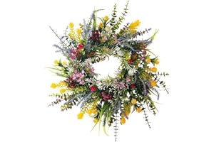 Haptufer 1 PCS Weatherproof Greenery All Seasons Round Wreaths 18in Outside Welcome Summer Flowers