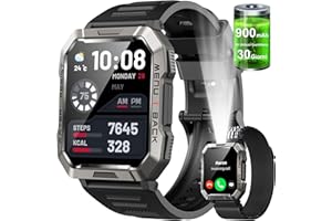 BAOLUBAO Militare SmartWatch Uomo(Rispondi/Effettua Chiamate), Fitness Tracker con Torcia/Bussola/900mAh Batteria /24H Cardiofrequenzimetro/Sonno/ SpO2/100+ Modalità Sport per Android IOS (2 Cinturini)