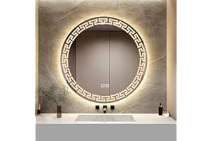 YOSHOOT Specchio da bagno rotondo da 700 mm con motivi Specchio da parete con luce a LED, Specchio cosmetico illuminato più elegante, Luce LED dimmerabile a 3 colori, IP44 (Eterno)