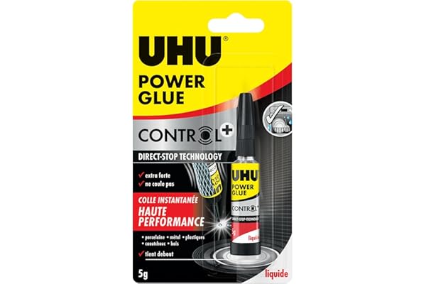 UHU Power Glue - Glue Extra-Forte Control - Multi-Supports : Plastique, Métal, Bois, Matériaux Non Poreux - Ne Coule Pas - Résistante à L'eau - Application Précise - Transparente - Tube 5 g
