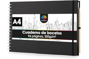 OfficeTree Cuaderno de dibujo A4 con anillas - Horizontal - 96 páginas, 48 hojas - Bloc dibujo A4 200 g - Bloc de dibujo para acuarela - Cuaderno dibujo con lápiz