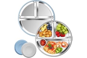 SonPen 2 Stück Edelstahl Baby Teller mit Großer Saugnapf, Ø20cm Kinderteller mit Entfernbarer Silikon Hülle, Babyteller mit Saugnapf Spülmaschinenfest Geteilte, Ungiftig und BPA-frei(Grau Blau)