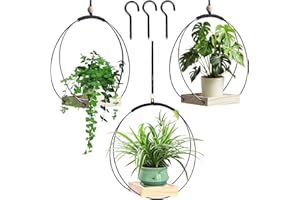 ‎AIDODIA AIDODIA Hanging Basket Indoor Metal Hanging Basket Black, Hanging Basket with Wooden Base, Ceiling Hanging Planter, Hanging Pot for Plants for Indoor Plants, Succulents, Air Plants, Cactus (3 Pieces)