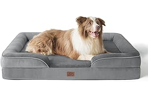 Bedsure Large Dog Bed Sofa - Washable Orthopedic Dog Beds and Couch with Removable Flannel Cover, Waterproof Dog Pillow with U-Shape Bolster, Grey Squre Pet Bed, 97x71x16cm