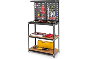 GYMAX Banco de Trabajo, Capacidad Carga 100 kg, Mesa de Trabajo con Pared Perforada, 2 Estantes Abiertos y 13 Accesorios para Colgar, Negro