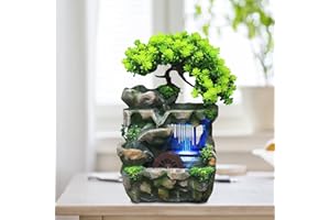 KENSBRO Fontana verde Pianta Fontana da Tavolo Cascata con Illuminazione a LED che Cambia colore, Fontana da Tavolo con Ruota Feng Shui, Fontana per Posizionamento Soggiorno, Ufficio Pulisce l'aria 18 x 30cm