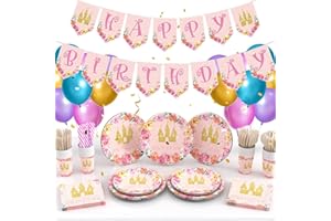AinDen Rosa Geburtstagsdeko Mädchen, Prinzessin Geburtstagsgeschirr Mädchen Pappteller Becher Servietten Kindergeburtstag Deko Luftballons Birthday Girlande