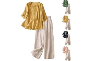 GENERIC Linen Co Ord Ensembles pour femme Haut de gamme en lin brodé col rond pantalon jambe large deux pièces ensemble d'été quotidien décontracté coton grande taille vêtements de détente
