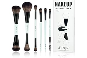 Jessup Makeup Brush Set 6pcs Double Sided Makeup Brushes Foundation Contour Blush Highlight Blending Eyebrow Brush Eyeshadow Brush, Vegan Make up Brushes Bright Cyan T501