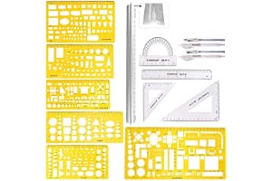 Swpeet 12 st plast gula geometriska ritmallar kit, 6 olika geometriska mätritningar mallar schabloner med 2 st pennor och 5 s
