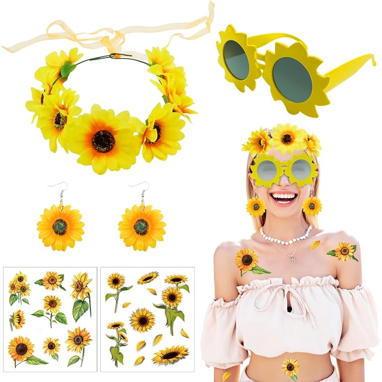 Costume De Tournesol Pour Femme - Set Jupe Tutu Jaune + Accessoires - Serre-tête, Bracelet, Fleurs - Pour Fêtes Et Carnaval