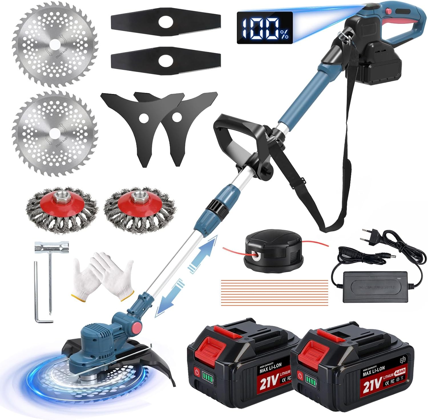 Desbrozadora Bateria 21V, Desbrozadora Electrica con 2 x 4.0Ah Baterías, Cortacesped Electrico 5 En 1 Cortabordes Bateria con Cepillo de Malas Hierbas, Motor sin Escobillas, Pantalla LED, Azul