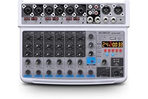 BOMGE Mini Mezclador Audio 8 Canales, DC 5V, MP3 Reproductor, Bluetooth, U Disco 48V, 24DSP Efectos, Grabación USB, Ideal para Clubes Pequeños o Bares, Estudio Grabación
