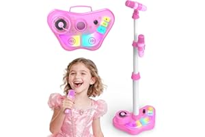 Dislocati Microfono Karaoke per Bambini con Supporto Regolabile, 2 Microfoni Wireless, Luci LED, Altezza Regolabile 40-98 cm, Regalo per Bambini 3+ Anni (Rosa)