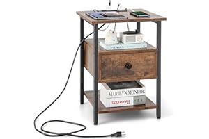 COSTWAY Stolik nocny ze stacją ładującą i szufladą, szafka nocna z otwartymi półkami, komoda nocna, stolik pomocniczy do sypialni, salonu, 40 x 40 x 55 cm