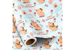 RUSPEPA Birthday Wrapping Paper Roll for Girls Boys, Mini Roll, Cute Capybara "Capy Birthday" Design with Balloon, Flower and Gift, Gift Wrap for Kids Party, Animal Party, 43.2cm x 5m