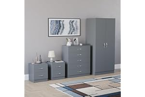Vida Designs Riano 4 Piece Bedroom Set - 2 Drawer Bedside Chest, 5 Drawer Chest, 2 Door Wardrobe - Grey