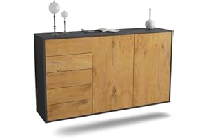 ‎DEKATI Dekati Sideboard Peoria hängend (136x77x35cm) Korpus anthrazit matt - Front Holz-Design Eiche - Push to Open - Leichtlaufschienen