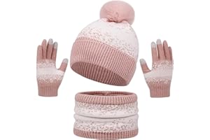 Baynetin Winter Beanie Scarf Gloves Set for Women Men Couples - Warm Knitted Snowflake Pom Hat, Snood/Long Scarf, Thermal Touchscreen Gloves - 3Pcs Matching Outfit