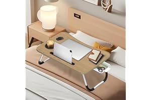 Ferghana Table de Lit Pliable avec Porte - Plateau Multifonctionnel Léger 60x40x28cm, pour Ordinateur Portable,Lit,Canapé (Emplacement pour Carte + Porte-gobelet + tiroir, Noyer)