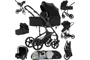 Reenborn Kinderwagen 3 in 1, Buggy mit Zwei Umkehrbaren Schiebemodi, Kinderwagen mit Rahmen Aluminiumlegierung, Babywagen 3 in 1 Komplettset mit Ein-Klick-Faltdesign Hohe Landschaft (588 Black)