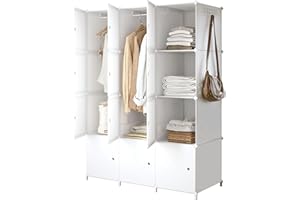 JOISCOPE Portable Wardrobe for Bedroom Storage Organizer Closet with Clothes Hanging Rail, Deeper Cube Combination Armoire Modular Cabinet for Clothes Shoes Toys, White (12-cube)