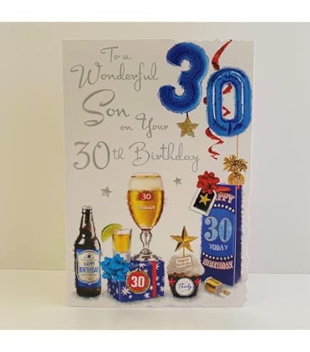 Cherry Orchard Luxury Grandson 30th Birthday Card With Stylish Presents Balloons Design Blue Foil Border Complete With Envelope