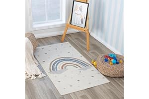 Livabliss Rainbow Washable Kids Rug - Childrens Rugs for Bedroom 80x150 cm, Machine Washable Animal Rug for Girls & Boys Bedroom, Playroom and Nursery Rugs - Girl, Boy, Baby, Kids Carpet, Cream
