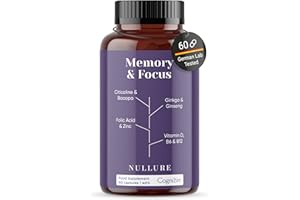 Nullure Memory & Focus | Nootropic Brain Supplement | Concentration · Energy · Focus | Citicolin COGNIZIN + Ginkgo Biloba 6000mg + Bacopa Monnieri + Ginseng | Caffeine Free | 60 Capsules