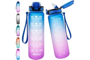 Frogetu Cantimplora con pajita, botella deportiva de 1 L, sin BPA, Tritan a prueba de fugas, botella de agua motivativa con marcadores de tiempo para fitness, gimnasio, bicicleta, escuela,