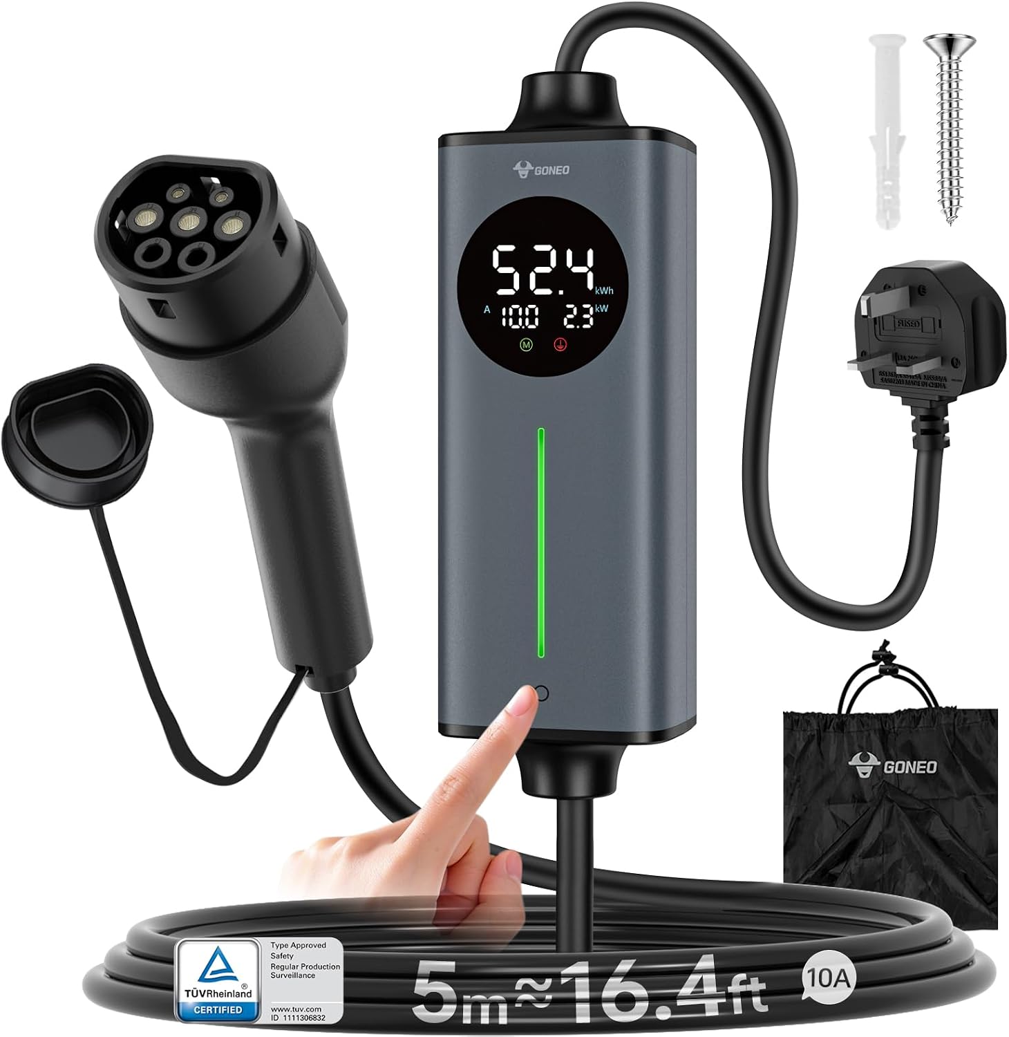 GONEO Portable EV Charger 5M, 3-Pin UK Plug to Type 2 | Temperature Monitor,AC 30mA+DC 6mA Leakage & Earth Protection | 10A 2.3kW Electric Car Charging Cable for Home/Travel,Adjustable Current & Timer