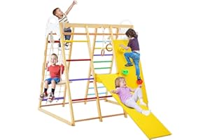 ‎DREAMADE DREAMADE 8 in 1 Kletterdreieck Kletterspielzeug mit Schaukel Leiter Rutsche Kletternetz Turnringe, Spielplatz Indoor Klettergerüst aus Holz zum Rutschen & Klettern für Kinder ab 3 Jahren (Bunt)