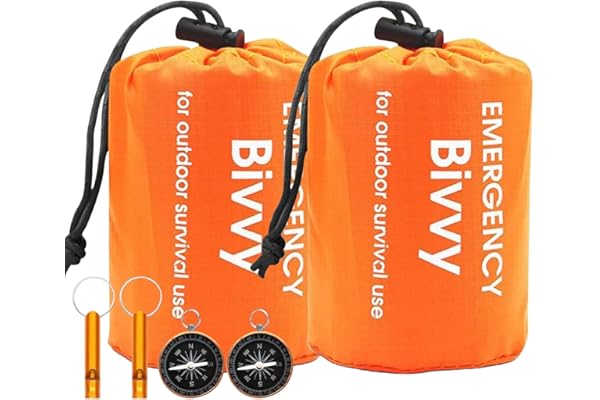 Sac de bivouac d'urgence, sac de couchage d'urgence, sac de couchage, sac de survie, couverture de survie, ultra léger, imperméable, résistant au froid et à la chaleur, avec sifflet et boussole pour