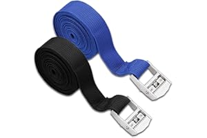CALLYSONIC Lot de 2 sangles d'arrimage courtes avec cliquet - Noir - 1 m x 2 cm et bleu - 1 m x 2,5 cm - Convient pour regrouper les camionnettes, motos, festivals, événements et camions