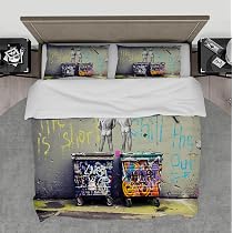 Banksy Graffiti Bettbezug-Set 3-teilig – Street Art Design, 135x200 Cm + 2x50x75 Cm, Aus Weicher Mikrofaser, Mit Verstecktem Reißverschluss