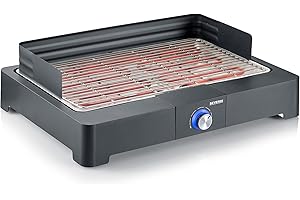 SEVERIN PG 8565 Barbecue elettrico 2200 W in acciaio inox regolabile fino a 250°, Grill elettrico per interni ed esterni con LED, Griglia da tavolo o balcone, fumo e odori ridotti, Nero
