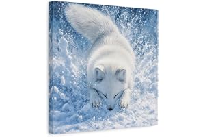Animals Arctic Fox White Blue Canvas Print – Living Room, Above Couch, and 14×14 inch (35×35 cm) - Square / 1.25 inch (3 cm)