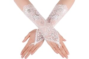 YOLEV White Lace Gloves Rhinestone Long Fingerless Gloves Tea Party Sleeves To Cover Arms For Women Formal Elbow Length Arm Tulle Sleeve For Opera Wedding Bridal Princess Cosplay Prom Masquerade