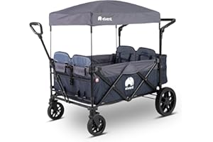 ‎ELVENT elvent® WagonPro Premium Bollerwagen/Handwagen faltbar mit Dach I 4 Sitzplätze | groß I Sitzpolster, Hecktasche, Off-Road-Reifen, Feststellbremse, 5-Punkt-Gurt I für 4 Kinder (Blau)