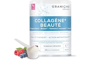 GRANIONS COLLAGENE MARIN + BEAUTE - Collagene et Acide Hyaluronique, Biotine Cheveux, Vitamine C - Beauté Peau - Complement Alimentaire Cheveux -Haute assimilation, Collagene Fruits Rouges Poudre 260g